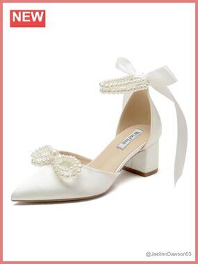 Satin Pearl Block Heel Wedding Shoes for Bride, Pointed Toe, 2 Inch Chunky Heels